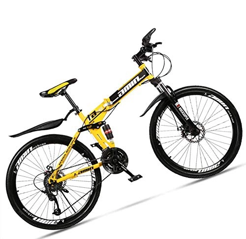 Folding Bike : giyiohok 24 Inch Mountain Bike for Adult Men Women All Terrain Off-Road Foldable Mountain Bicycle with Dual Suspension & Disc Brake Adjustable Seat&HighCarbon-30 Speed_Spoke Black Yellow