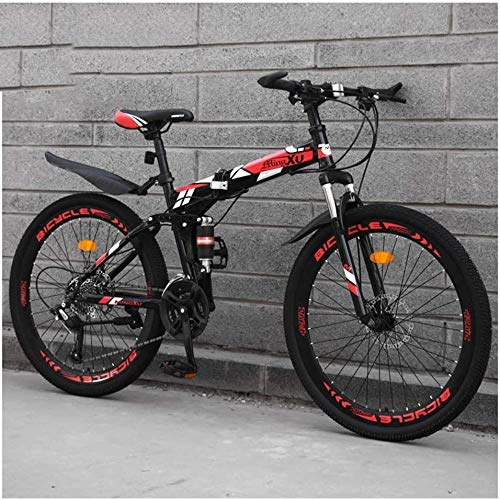 Folding Bike : giyiohok 26Inch Mountain Trail Bike for Adults Men and Women Dual Suspension Mountain Bicycle with Disc Brakes Foldable High Carbon Steel Frame Adjustable Seat-24 Speed_Red Spoke
