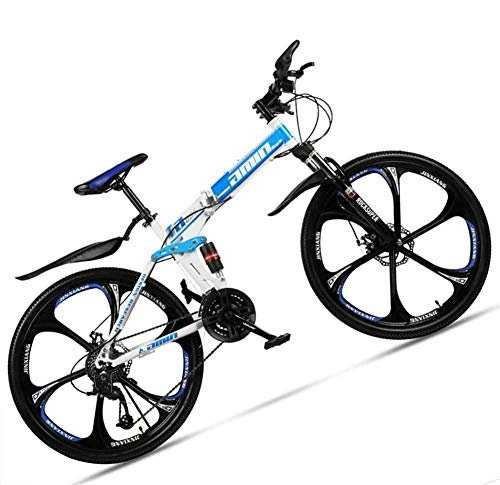 Folding Bike : giyiohok Dual-Suspension Foldable Mountain Bike 26 Inch for Adult Men and Women Boy Girl Off-Road Mountain Bicycle with Disc Brake High Carbon Steel Frame-24Speed_white blue 6 knives