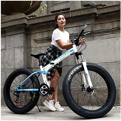 Folding Bike : giyiohok Dual Suspension Mountain Bike with Fat Tire for Men Women Adults Foldable Mountain Bicycle Mechanical Disc Brakes &High Carbon Steel Frame Adjustable-26 Inch 24 Speed_White Blue