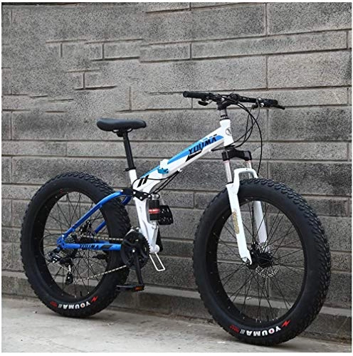 Folding Bike : giyiohok Dual-Suspension Mountain Trail Bike for Adults Men Women Fat Tire Anti-Slip Mountain Bicycle with Dual Disc Brake Foldable High Carbon Steel Frame-26 Inch 21 Speed_White Blue