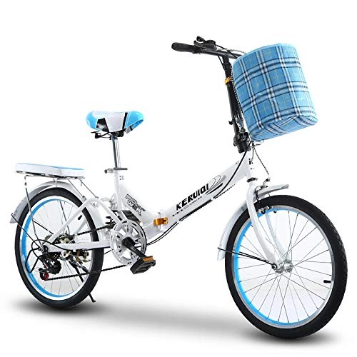 Folding Bike : GJNWRQCY 20-Inch Variable-Speed Bicycle, Shock-Absorbing Folding Bicycle, Fastened Frame, Sensitive Braking, Suitable for Adults, Men and Women, Blue