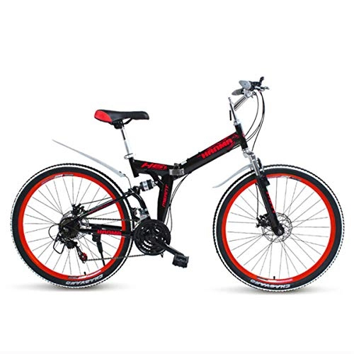 Folding Bike : GJNWRQCY 24 / 26 inch Full suspension fold Disc brake 21 speed Mountain Bike, Red