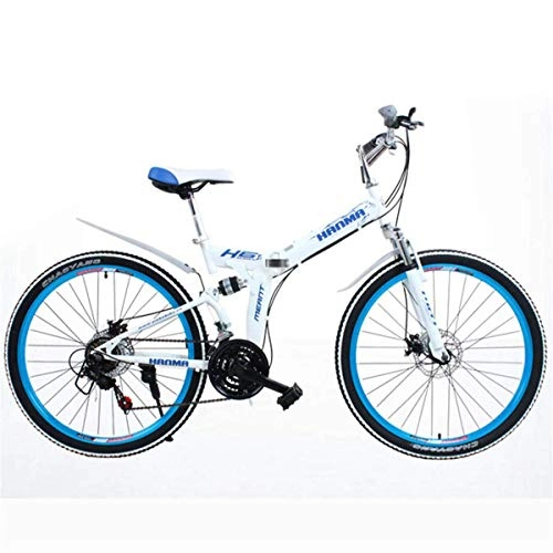 Folding Bike : GJNWRQCY 24 / 26 inch Full suspension fold Disc brake 27 speed Mountain Bike, White, 24inch