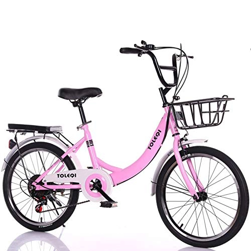 Folding Bike : GJNWRQCY 24 Inch Folding Bicycle, Variable Speed Folding Bicycle, Shock Absorption and Anti-Skid, Strong Load-Bearing, Suitable for Adults, Men and Women, Pink