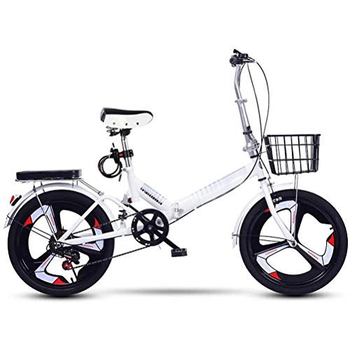 Folding Bike : GOLDGOD 20 Inch Adult Folding Bike, 6-Speed Shock Absorber Wheels Foldable Bicycle with Bike Basket Ultralight Portable Compact Bicycle with High Carbon Steel Frame, White