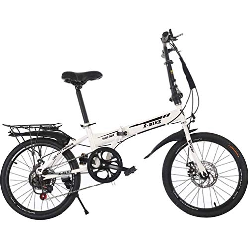 Folding Bike : GOLDGOD 20 Inch Variable Speed Folding Bike, Double Disc Brake Foldable Bicycle with Adjustable Seat And Handlebar Mountain Bike High Carbon Steel Frame, White