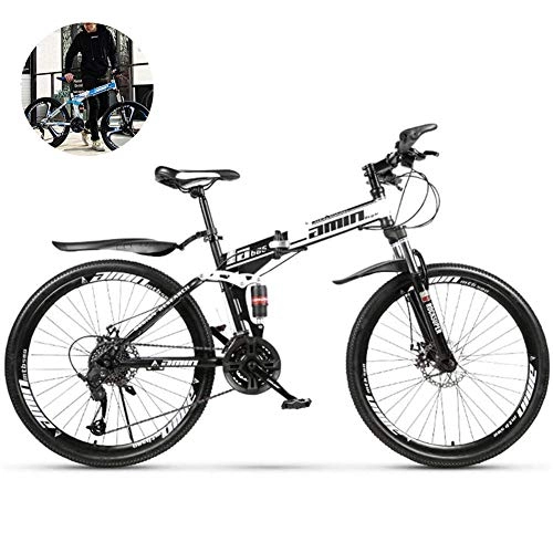 Folding Bike : GOLDGOD 26 Inch Mountain Bike, 21-Speed Variable Speed Bicycle Full Suspension Bikes for Adults High Carbon Steel Folding Dual Disc Brakes Bicycle, Black White, 26inch