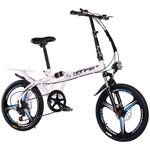 Folding Bike : GOLDGOD 6-Speed Folding Bike, Variable Speed Foldable Bicycle with Mechanical Disc Brake And High Carbon Steel Frame Folding Bicycle with Integrated Rear Shelf, White, 16 inch