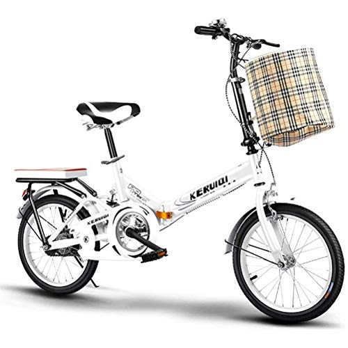 Folding Bike : GOLDGOD Folding Bike for Woman, 20 Inch Portable Foldable Bicycle Adult Ultra Light Carbon Steel Frame City Bicycle with Bicycle Basket And Rear Shelf, White