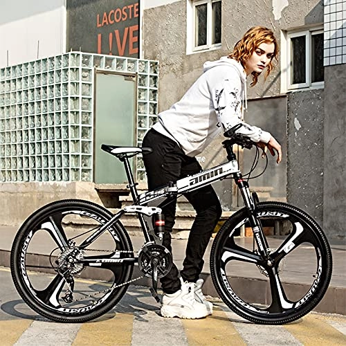 Folding Bike : GREAT Adult Bike, Folding Mountain Bike 26-Inch 3 Spokes Wheels Student Bicycle 21 / 24 / 27 / 30 Speed High Carbon Steel Frame Commuter Bike For Outdoor Sports(Size:24 speed, Color:White)