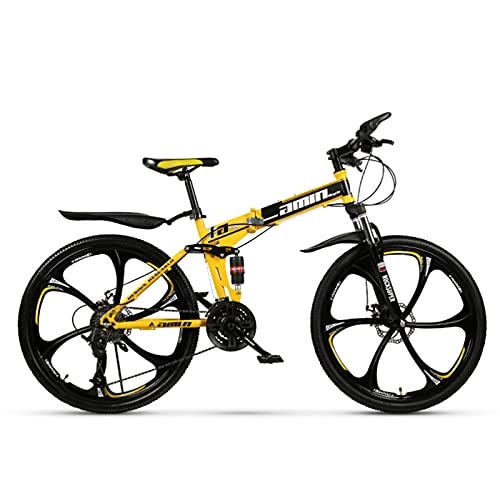 Folding Bike : GREAT Folding Mountain Bike Bicycle, 26 Inch Student Bicycle Non-slip Wear-resistant Tire Thickened High Carbon Steel Folding Frame, Disc Brakes(Size:24 speed, Color:Yellow)
