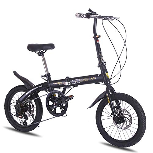 Folding Bike : Grimk Folding Bike Unisex Alloy City Bicycle 16" With Adjustable Handlebar &comfort Saddle, 6 speed, Lightweight For Adults Men Women Teens Ladies Shopper, Disc brake, Black