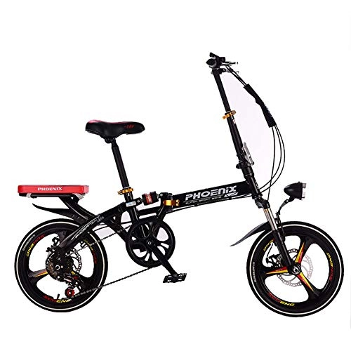 Folding Bike : Grimk Folding Bike Unisex Alloy City Bicycle 16" With Adjustable Handlebar & Seat 6 speed, comfort Saddle Lightweight For Adults Men Women Teens Ladies Shopper with lights, Black, 16inches