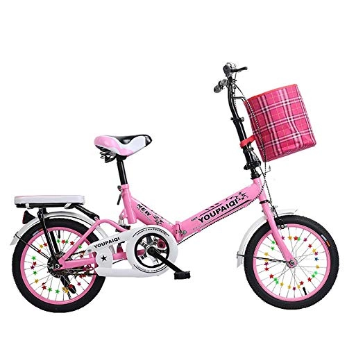 Folding Bike : Grimk Single-speed Folding Bikes For Adults Unisex Women Teens, bicycle Mens City Folding Pedals, lightweight, aluminum Alloy, comfort Saddle With Adjustable Handlebar & Seat, Pink, 16inches