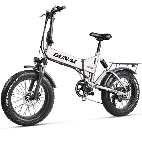 Folding Bike : GUNAI 20 inch Electric Snow Bike 500W Folding Mountain Bike with Rear Seat and Disc Brake with 48V 12.8AH Lithium Battery (Silver)