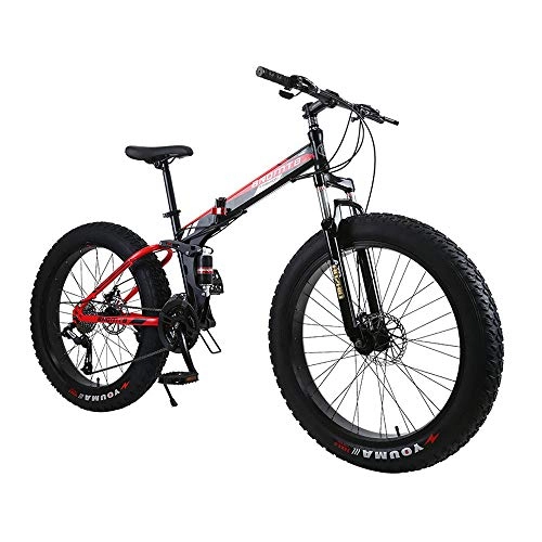 Folding Bike : Gunai Folding Mountain Bike, 26 inch Dual Suspension Fat Tire Bike 21 Speed Snow Bike with Disc Brake