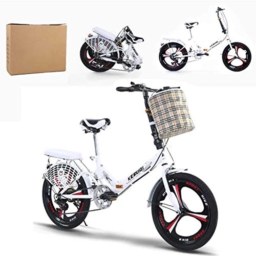 Folding Bike : GUOE-YKGM 20-inch Folding Bike For Adults, Rear Carry Rack, 6 Speed Aluminum Easy Folding City Bicycle Disc Brake(White)