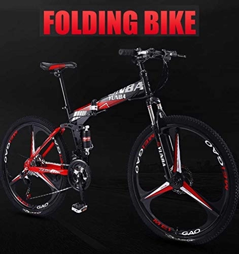 Folding Bike : GUOE-YKGM 26 Inch Adult Mountain Bikes, High Carbon Steel Full Suspension Frame Folding Bike, 24 / 27 Speed Mountain Bicycle For Women / men (Color : Red, Size : 24 speed)