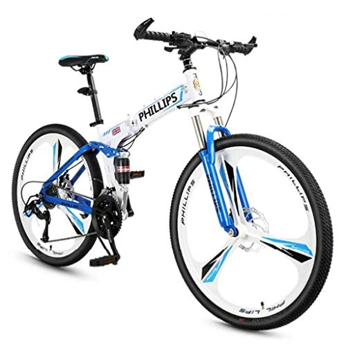 Folding Bike : GUOE-YKGM 26in Folding Mountain Bike, Full Suspension Road Bikes With Disc Brakes, 24 Speed Bicycle Black Blue Red MTB Bikes For Men / Women (Color : Blue)