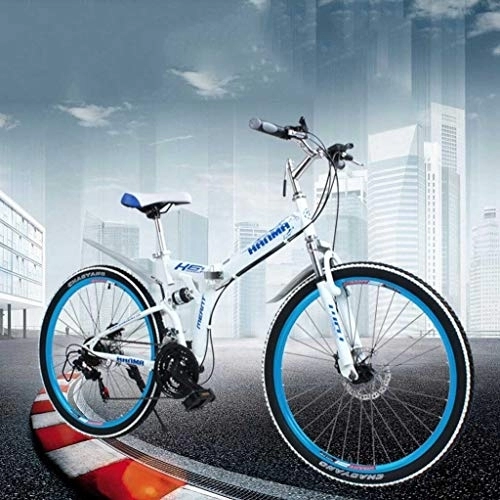 Folding Bike : GUOE-YKGM Adult Folding Mountain Bikes 24 / 26 Inch Mountain Trail Bicycle High Carbon Steel Full Suspension Frame Folding Bicycles 21 Speed ​​Gears Disc Brakes (Color : Blue, Size : 24inch)