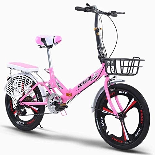Folding Bike : GUOE-YKGM Folding Bike for Adults with Rear Carry Rack, Bike Basket and Bike Pump, 6 Speed Aluminum Easy Folding City Bicycle 20-inch Wheels Disc Brake(Pink, White) (Color : Pink)