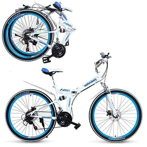 Folding Bike : GUOE-YKGM Mountain Bike For Adults, Unisex Folding Outdoor Bicycle, Full Suspension MTB Bikes, Outdoor Racing Cycling, 21 Speed, 24 / 26inch Wheels (Color : Blue, Size : 24inch)