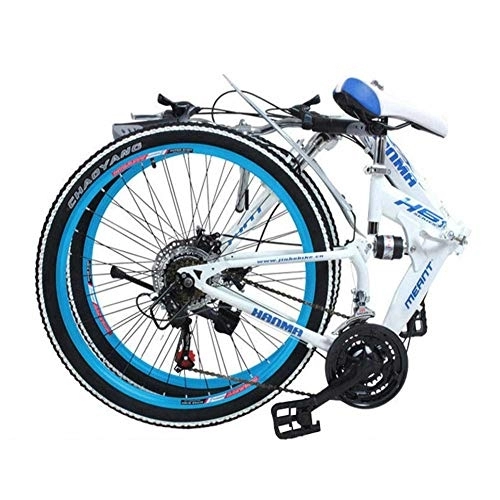 Folding Bike : GUOE-YKGM Youth And Adult Folding Mountain Bikes Men And Women Foldable Bicycle, High Carbon Steel Frame, 21-Speed, 24 / 26-inch Wheels (Color : Blue, Size : 24inch)