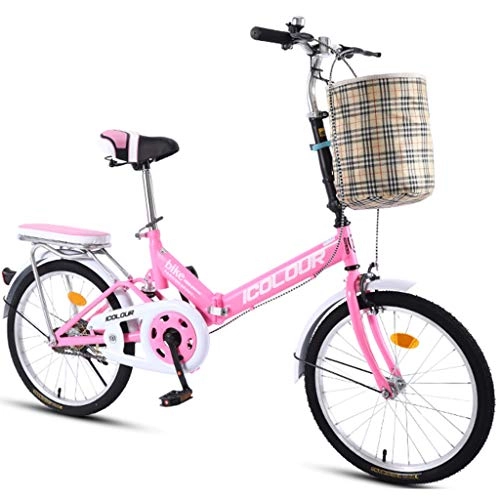 Folding Bike : GWM 20-inch Folding Bicycle Single Speed Male Female Adult Student City Commuter Outdoor Sport Bike with Basket (Color : Pink)