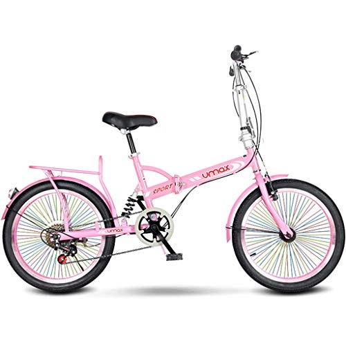 Folding Bike : GWM Folding Bicycle Colorful Wheels Variable 6 Speed Portable Lady Adult Student City Commuter Bicycle, Pink