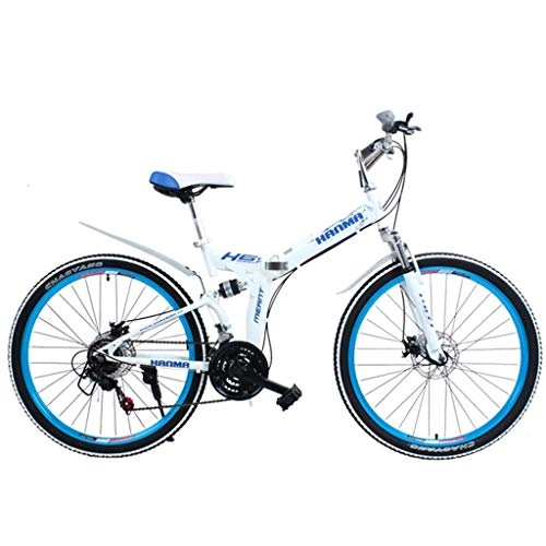 Folding Bike : GWM Folding Bicycle Mountain Bicycle Double Shock Absorption Double Disc Brake Bicycle Women and Man City Commuter bicycle, Blue-White (Color : 21-speed, Size : Large)