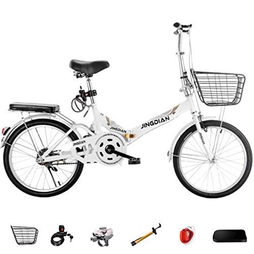 Folding Bike : GWM Folding Bicycle Portable Single Speed Female City Commuter Outdoor Activity Bicycle with Basket, White
