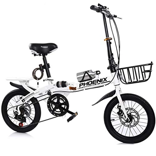 Folding Bike : GWM Folding Bicycle Portable Variable 6 Speed Adult Men Women Outdoor Sport Bicycle with Basket, Water Bottle and Holder (Color : White)