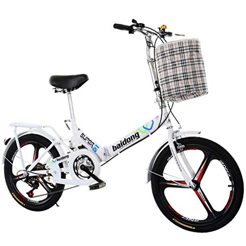 Folding Bike : GWM Folding Bicycle Portable Variable 6 Speed Bicycle Adult Student City Commuter Freestyle Bicycle with Basket (Color : White)