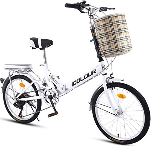 Folding Bike : GWM Folding Bicycle Variable Speed Male Female Adult Student City Commuter Outdoor Sport Bike with Basket (Color : White)