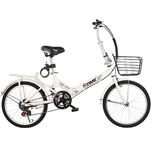 Folding Bike : GWM Portable Folding Bicycle Adult Children Bike Variable 6 Speed Bicycle with Basket (Color : White)
