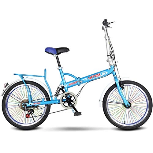 Folding Bike : GWM Portable Folding Bicycle Colorful Wheels Variable 6 Speed Adult Student City Commuter Bike, Blue