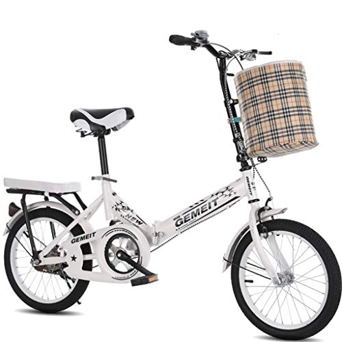 Folding Bike : GWM Portable Folding Bicycle Single Speed Bicycle Adult Child City Commuter Bicycle with Basket (Color : White, Size : Adult)