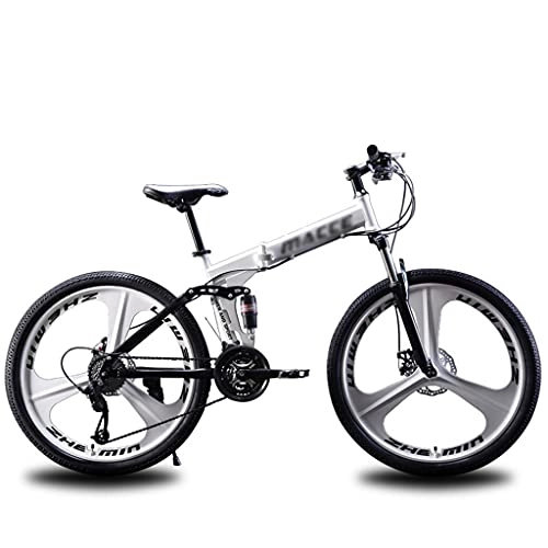 Folding Bike : gxj 21 Speed Mountain Bike, 3-Spoke Wheels MTB Folding Bike Dual Disc Brakes Dual Suspension Foldable Bicycles for Women Men Teenagers, White(Size:26 inch)
