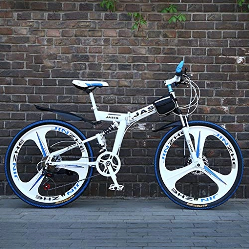 Folding Bike : GXQZCL-1 Mountain Bike, 26inch Folding Carbon Steel Frame Hardtail Bike, Full Suspension and Dual Disc Brake, 21 Speed MTB Bike (Color : White)
