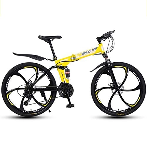Folding Bike : GXQZCL-1 Mountain Bikes, 26" Foldable Mountain Bicycles, with Dual Disc Brake and Double Suspension, Carbon Steel Frame MTB Bike (Color : Yellow, Size : 24 Speed)