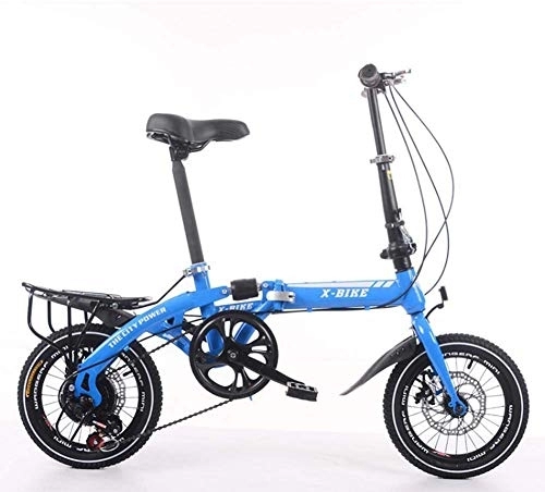 Folding Bike : Gyj&mmm Folding bike, unisex alloy city bike 14 inches, with adjustable handlebar and seat single speed, comfortable saddle, lightweight, suitable for shoppers, Blue