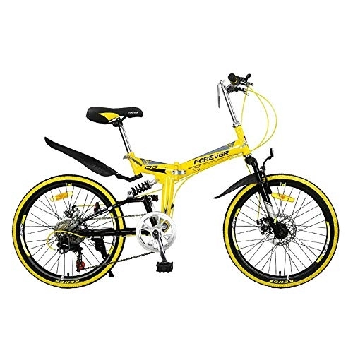 Folding Bike : Gyj&mmm Folding mountain bike, adult lightweight unisex city bike 22 inch rim aluminum frame with adjustable seat, 7 speed disc brake portable, Yellow