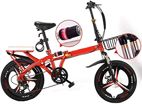 Folding Bike : Gyj&mmm Travel bike, folding mountain bike, 16-inch unisex alloy city bike, adjustable handle and 6-speed, disc brake, Red