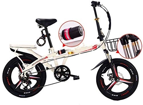 Folding Bike : Gyj&mmm Travel bike, folding mountain bike, 16-inch unisex alloy city bike, adjustable handle and 6-speed, disc brake, White