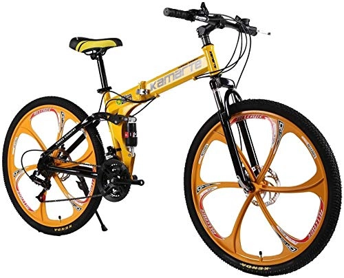 Folding Bike : H-ei Folding Bike Mountain Bicycle Adult 26 Inch 21 Speed Shock Dual Disc Brakes Student Bicycle Assault Bike Folding Car (Color : Yellow)
