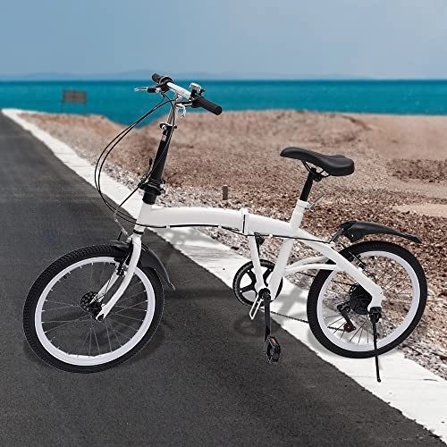 Folding Bike : Hanmorfarbi 28lb Lightweight Adult Teenager Folding Bike with Mudguards, 20-Inch Tyres, 6-Speed Shifter, Double v-Brake, Adjustable Height, Maximum Load Capacity 200lbs, Gift for Boys and Girls, White