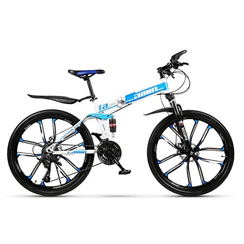 Folding Bike : HBIAO Folding Bicycle, Mountain Bike 26 / 24 Inch Variable Speed Men and Women Off-Road Racing Double Shock Absorber Bike, Blue, 21 speed