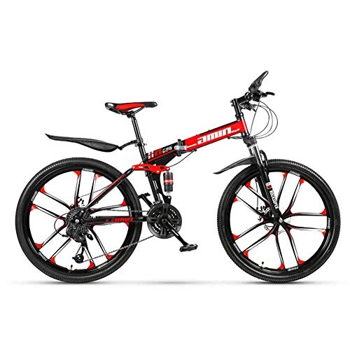 Folding Bike : HBIAO Folding Bicycle, Mountain Bike 26 / 24 Inch Variable Speed Men and Women Off-Road Racing Double Shock Absorber Bike, Red, 27 speed