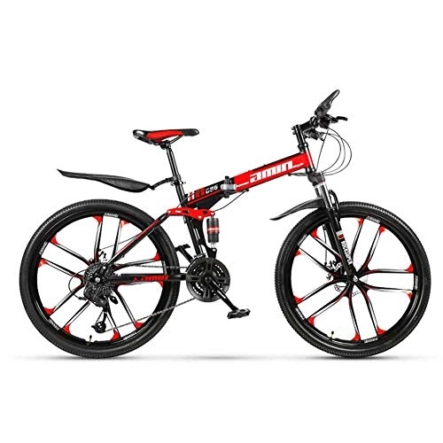 Folding Bike : HBIAO Folding Bicycle, Mountain Bike 26 / 24 Inch Variable Speed Men and Women Off-Road Racing Double Shock Absorber Bike, Red, 30 speed